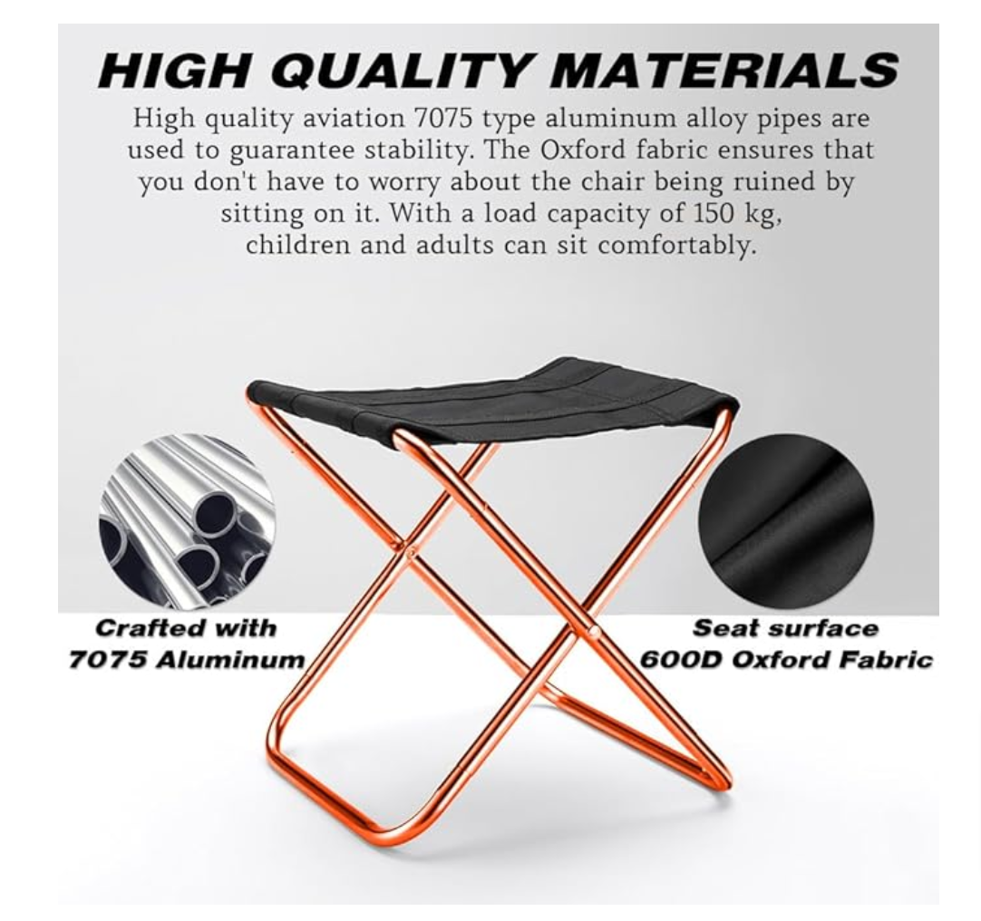 2 Mini Foldable Camping Stool Chairs, Lightweight Portable Outdoor Stool for Hiking Beach Fishing Concert Garden, Aircraft Grade 7075 Aluminum, Load Capacity to 300lbs, Orange Bracket